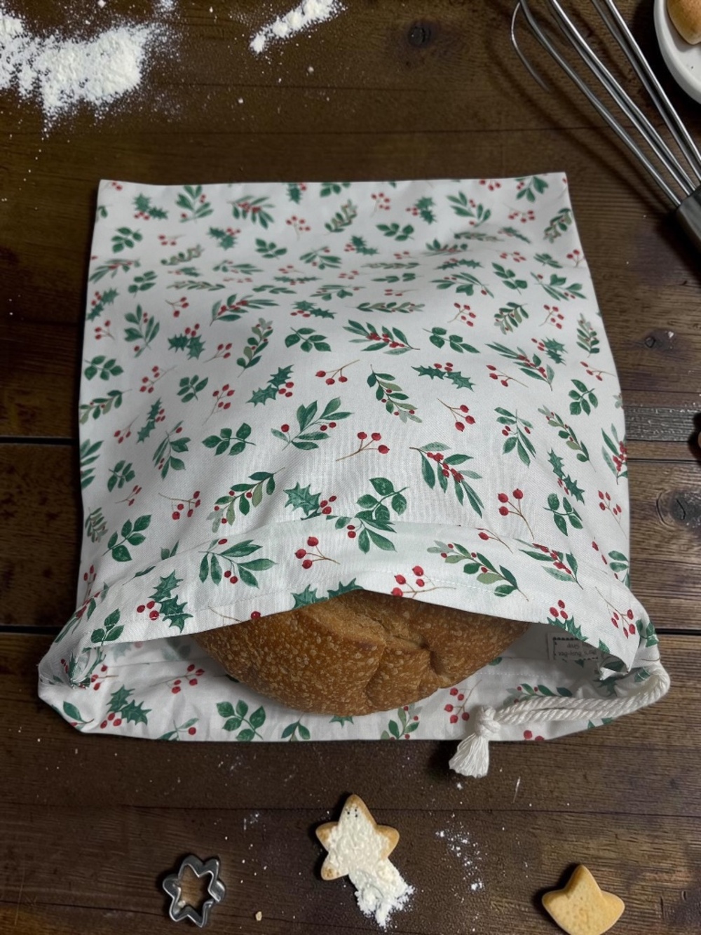 Christmas Holly Berry Fabric Drawstring Sourdough Bread Bag